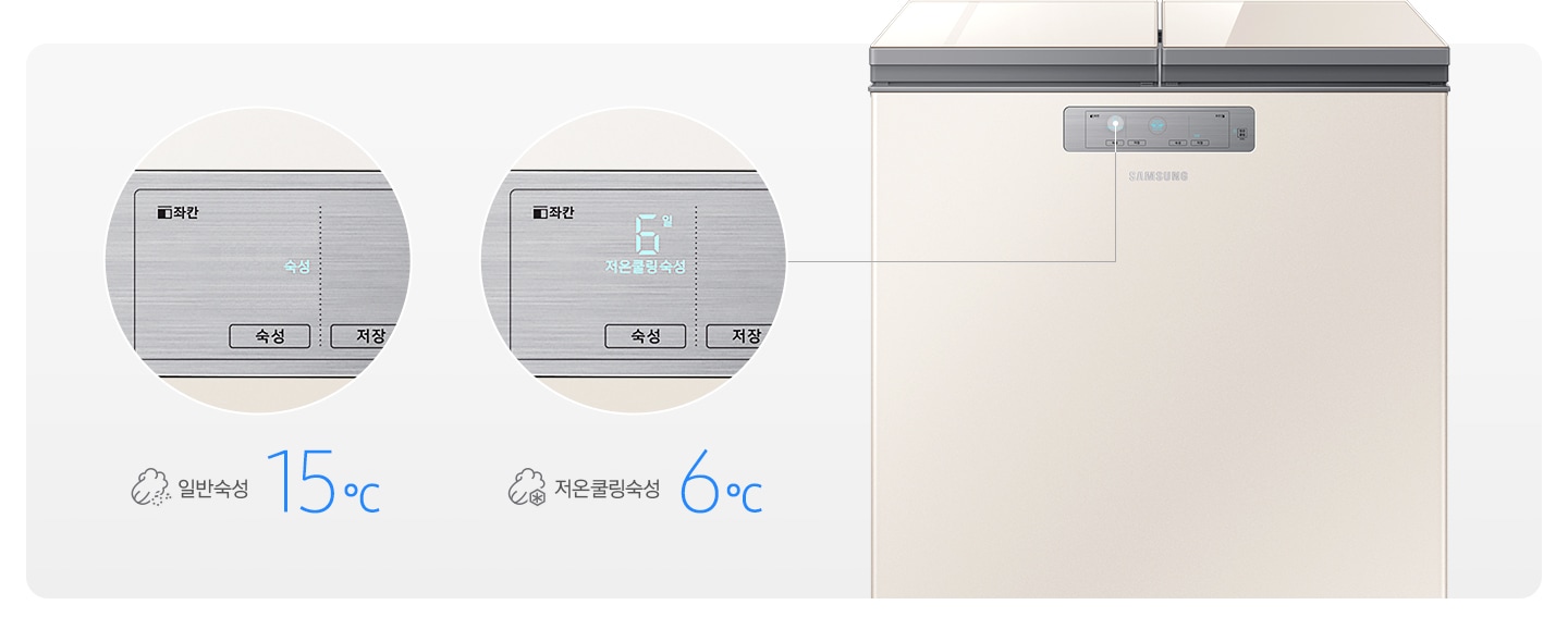 문이 닫힌 김치냉장고가 보이고 일반숙성모드와 저온쿨링숙성 모드시의 조작부 확대된 모습과 아이콘이 보여집니다.