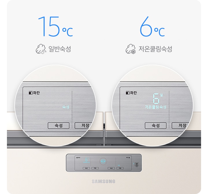 문이 닫힌 김치냉장고가 보이고 일반숙성모드와 저온쿨링숙성 모드시의 조작부 확대된 모습과 아이콘이 보여집니다.