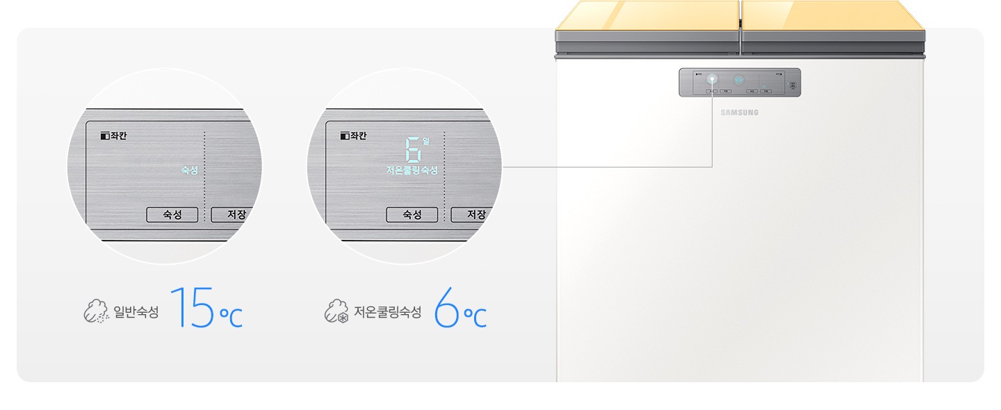 문이 닫힌 김치냉장고가 보이고 일반숙성모드와 저온쿨링숙성 모드시의 조작부 확대된 모습과 아이콘이 보여집니다.