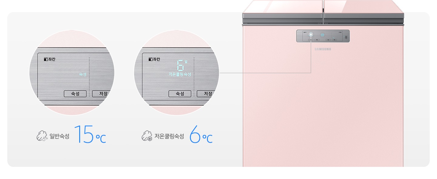 문이 닫힌 김치냉장고가 보이고 일반숙성모드와 저온쿨링숙성 모드시의 조작부 확대된 모습과 아이콘이 보여집니다.