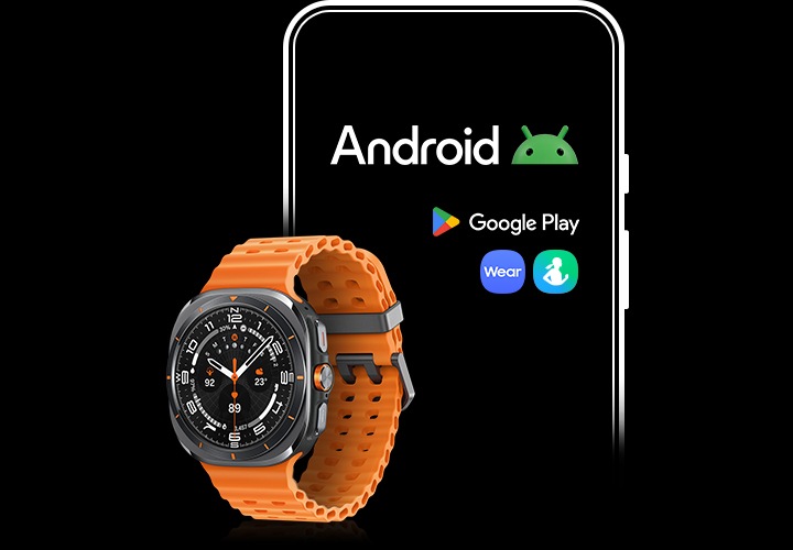 안드로이드 스마트폰 화면에 안드로이드 로고, 구글 플레이 스토어 로고, 갤럭시 웨어러블 앱, 삼성 헬스 앱의 아이콘이 표시되어 있습니다. 그 앞에는 갤럭시 워치 울트라가 있습니다.