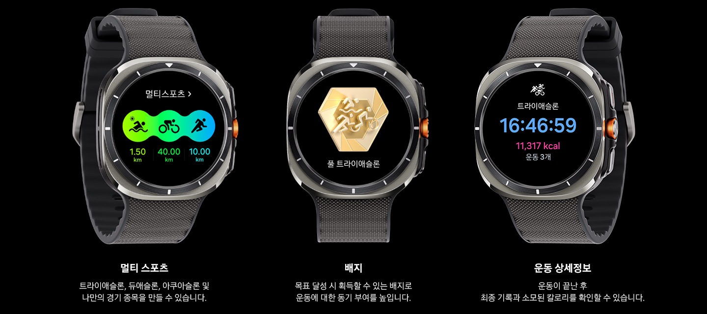 갤럭시 워치 울트라 화면에 수영부터 실외 자전거, 달리기까지 종목별로 설정된 거리를 나타내는 멀티스포츠 타일이 표시됩니다. 갤럭시 워치 울트라 화면에 마일스톤 배지와 '풀 트라이애슬론' 문구가 표시됩니다. 갤럭시 워치 울트라에 트라이애슬론의 16:46:59의 운동 시간, 11,371 kcal의 운동 칼로리, 운동 3개의 설정한 운동 개수가 포함된 운동 결과 화면이 표시됩니다.