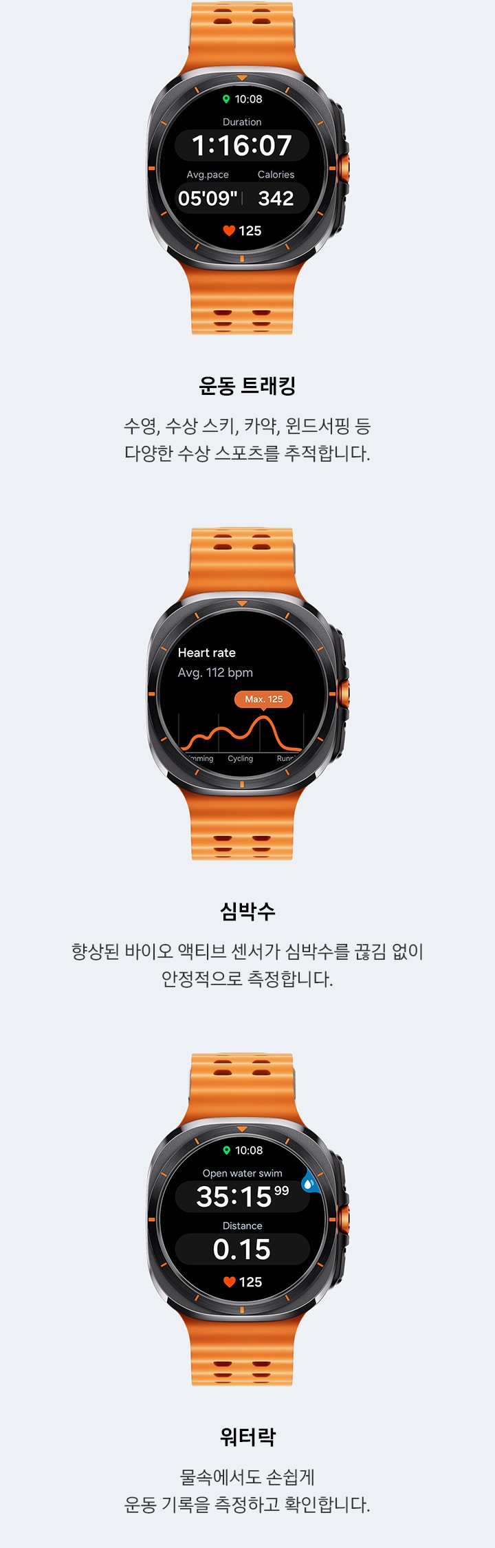 갤럭시 워치 울트라에 운동 시간, 평균 속도, 운동 칼로리, 심박수가 있는 운동 트래킹 화면이 표시됩니다.  갤럭시 워치 울트라에 평균 bpm의 심박수 측정 화면과 최대 심박수 그래프가 표시되어 있습니다. 갤럭시 워치 울트라에 총 거리에 대한 운동 시간, 거리, 평균 페이스, 심박수와 같은 운동 트래킹 화면이 표시되어 있습니다. 오른쪽 상단에는 워터락이 활성화된 아이콘이 보여집니다.