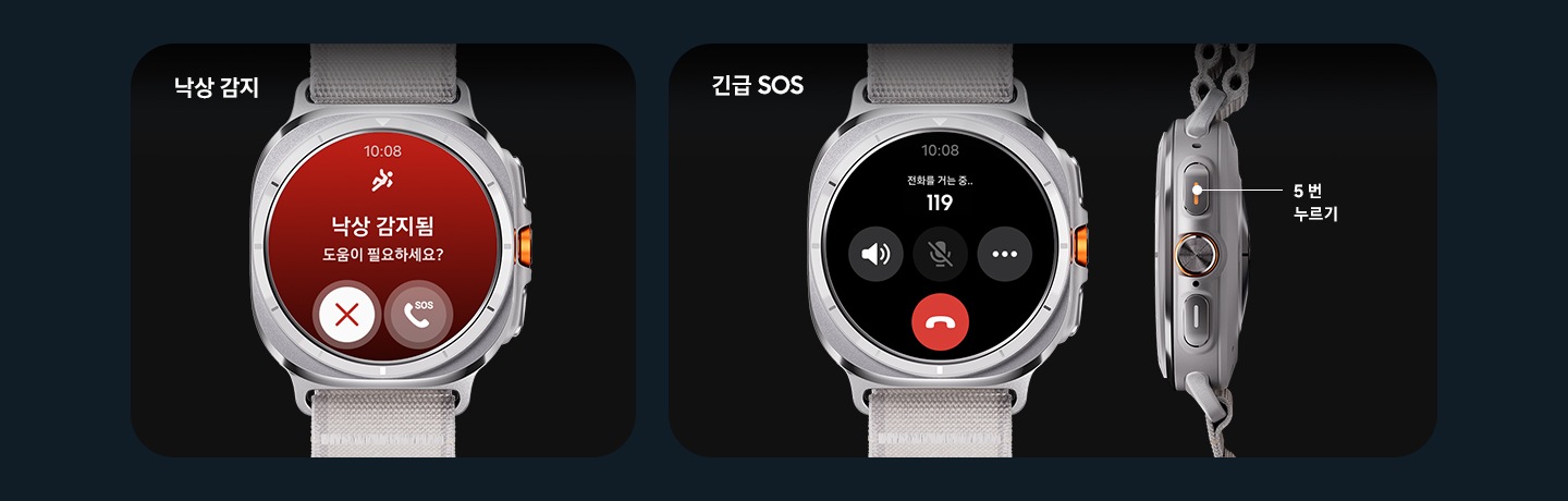 갤럭시 워치 울트라 인스크린에 '10:08' 시간이 표시 되어 있고, 빨간색 배경에 '낙상 감지됨 도움이 필요하세요?' 문구와 아이콘이 노출 되며, 긴급 연락 버튼이 노출 됩니다. 갤럭시 워치 울트라에 '119 전화를 거는 중...' 문구와 함께 긴급 SOS 화면이 표시됩니다. 워치의 측면에는 홈 버튼을 포함한 세 개의 버튼이 보여집니다