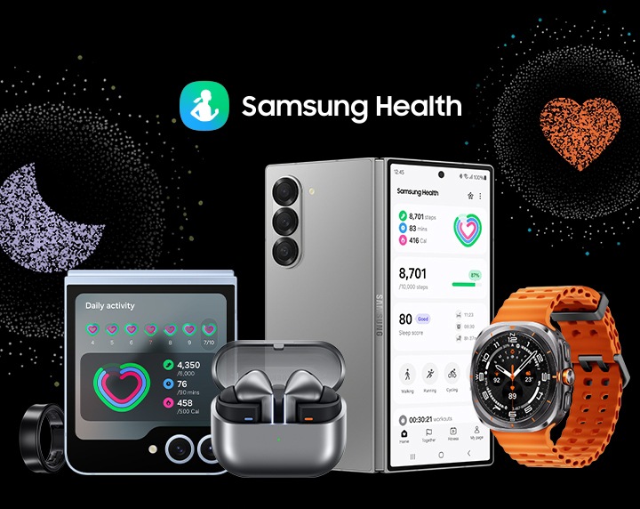 갤럭시 링, 갤럭시 Z 플립6, 갤럭시 버즈3 프로, 갤럭시 Z 폴드6, 갤럭시 워치 울트라 위에 '삼성 헬스' 문구가 있습니다. 수면 측정, 심박수 측정을 위한 대형 앱 아이콘이 기기 위를 맴돌고 있습니다.