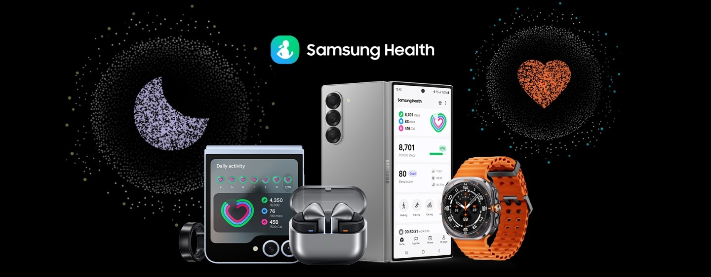 갤럭시 링, 갤럭시 Z 플립6, 갤럭시 버즈3 프로, 갤럭시 Z 폴드6, 갤럭시 워치 울트라 위에 '삼성 헬스' 문구가 있습니다. 수면 측정, 심박수 측정을 위한 대형 앱 아이콘이 기기 위를 맴돌고 있습니다.