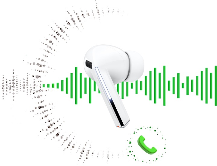 [갤럭시 버즈3 프로 이어버드가 놓여있고 통화 아이콘이 표시됩니다. 한쪽에는 상대방의 음성 파동이, 다른 한쪽에는 소음을 나타내는 입자가 차단된 모습이 나타납니다.]