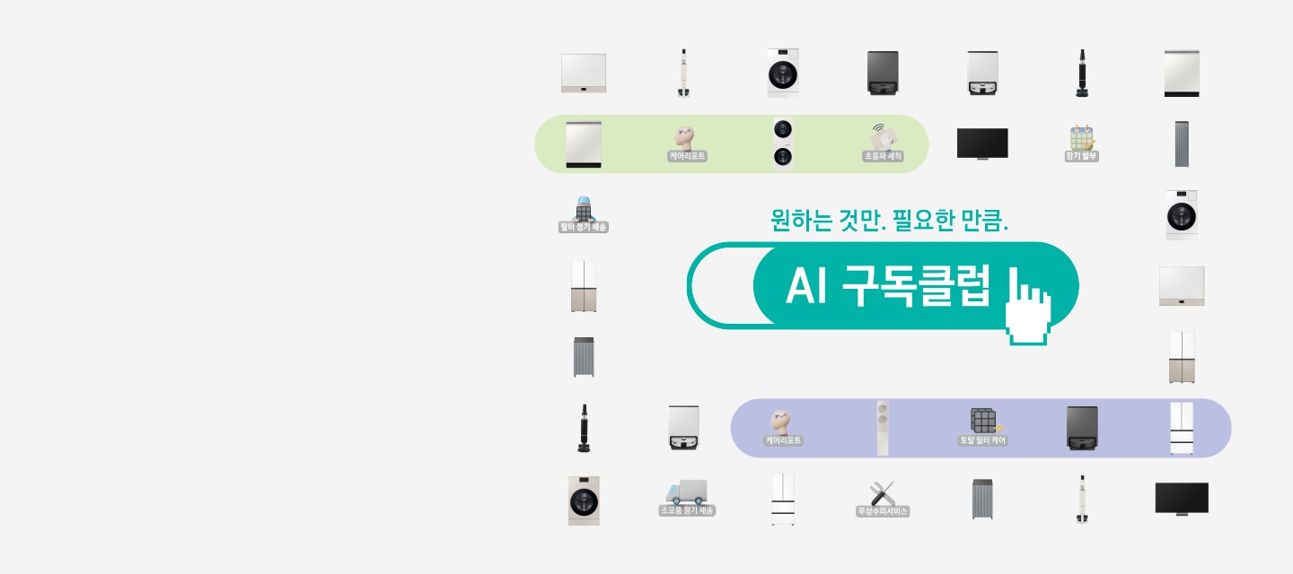 가전제품이 나열되어 있는 이미지로, 우측에는 AI 구독클럽을 선택하는 모양의 손이 있는 이미지