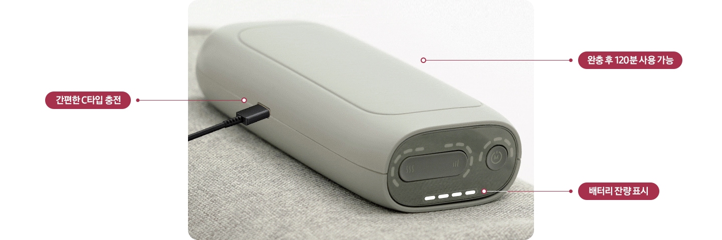 리에너 다리마사지기 조작부 이미지가 나와있습니다. 간편한 C타입 충전, 완충 후 120분 사용 가능, 배터리 잔량 표시 문구가 해당 부분에 연결되어 있습니다.