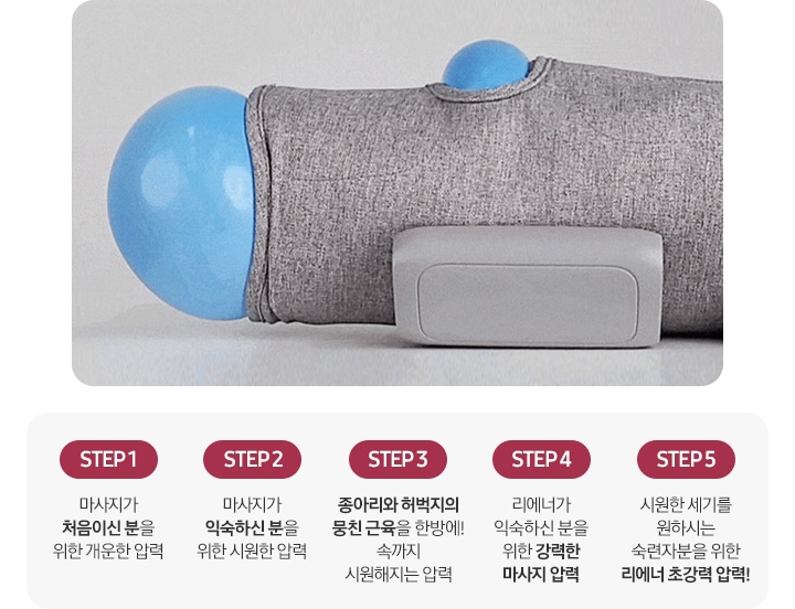리에너 다리마사지기 안에 풍선이 들어있는 연출 이미지 입니다. STEP1-마사지가 처음이신 분을 위한 개운한 압력, STEP2-마사지가 익숙하신 분을 위한 시원한 압력, STEP3-종아리와 허벅지의 뭉친 근육을 한방에! 속까지 시원해지는 압력, STEP4-리에너가 익숙하신 분을 위한 강력한 마사지 압력, STEP5-시원한 세기를 원하시는 숙련자분을 위한 리에너 초강력  압력!