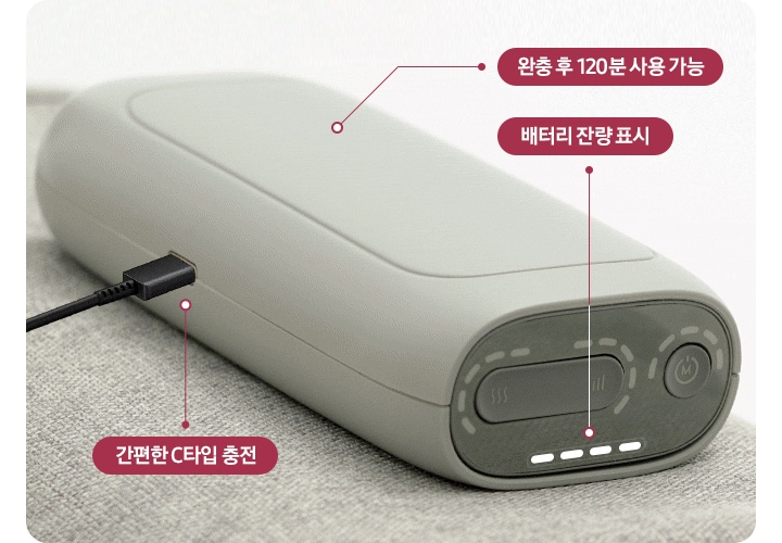 리에너 다리마사지기 조작부 이미지가 나와있습니다. 간편한 C타입 충전, 완충 후 120분 사용 가능, 배터리 잔량 표시 문구가 해당 부분에 연결되어 있습니다.