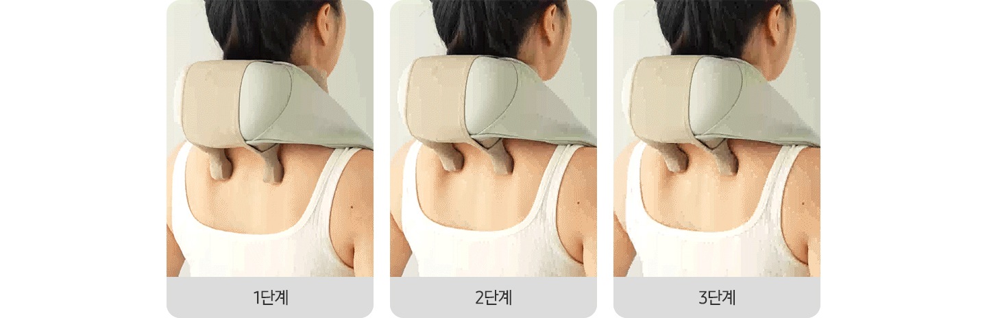 네크레오 목어깨 마사지기를 착용한 여성의 뒷모습이 1단계, 2단계, 3단계 단계별로 나와있습니다.