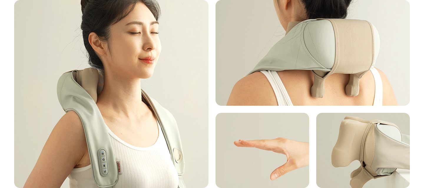 네크레오 목어깨 마사지기를 착용한 여성의 앞모습과 뒷모습이 나와있는 이미지가 나와있고 안마를 할 때 사람의 손 모양과 그 모양을 형상화한 네크레오 목어깨 마사지기의 제품이미지가 나와있습니다.
