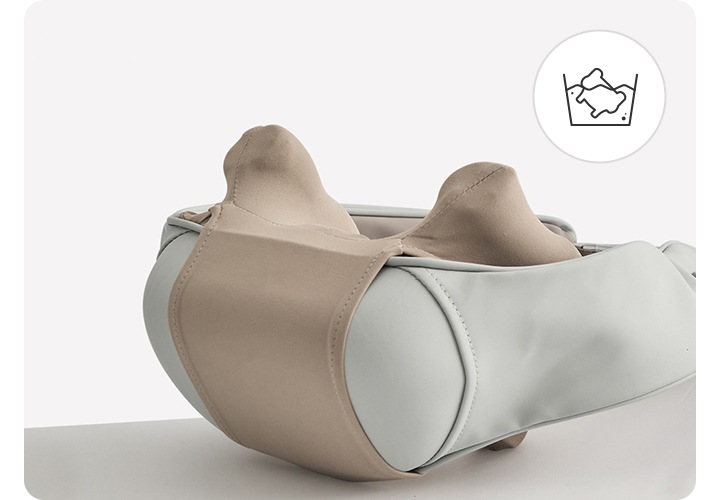 네크레오 목어깨 마사지기 커버 부분이 보이는 제품이미지가 나와있고 우측 상단에 세탁이 가능함을 나타내는 아이콘이 나와있습니다.