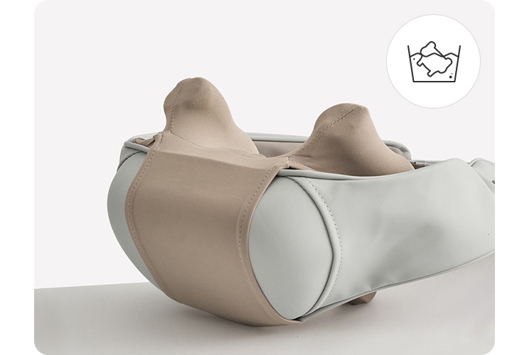 네크레오 목어깨 마사지기 커버 부분이 보이는 제품이미지가 나와있고 우측 상단에 세탁이 가능함을 나타내는 아이콘이 나와있습니다.