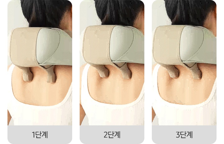 네크레오 목어깨 마사지기를 착용한 여성의 뒷모습이 1단계, 2단계, 3단계 단계별로 나와있습니다.