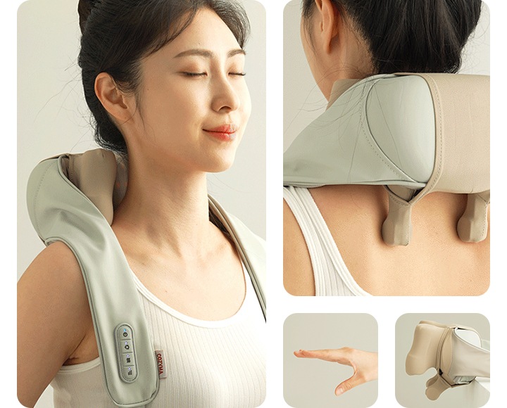 네크레오 목어깨 마사지기를 착용한 여성의 앞모습과 뒷모습이 나와있는 이미지가 나와있고 안마를 할 때 사람의 손 모양과 그 모양을 형상화한 네크레오 목어깨 마사지기의 제품이미지가 나와있습니다.