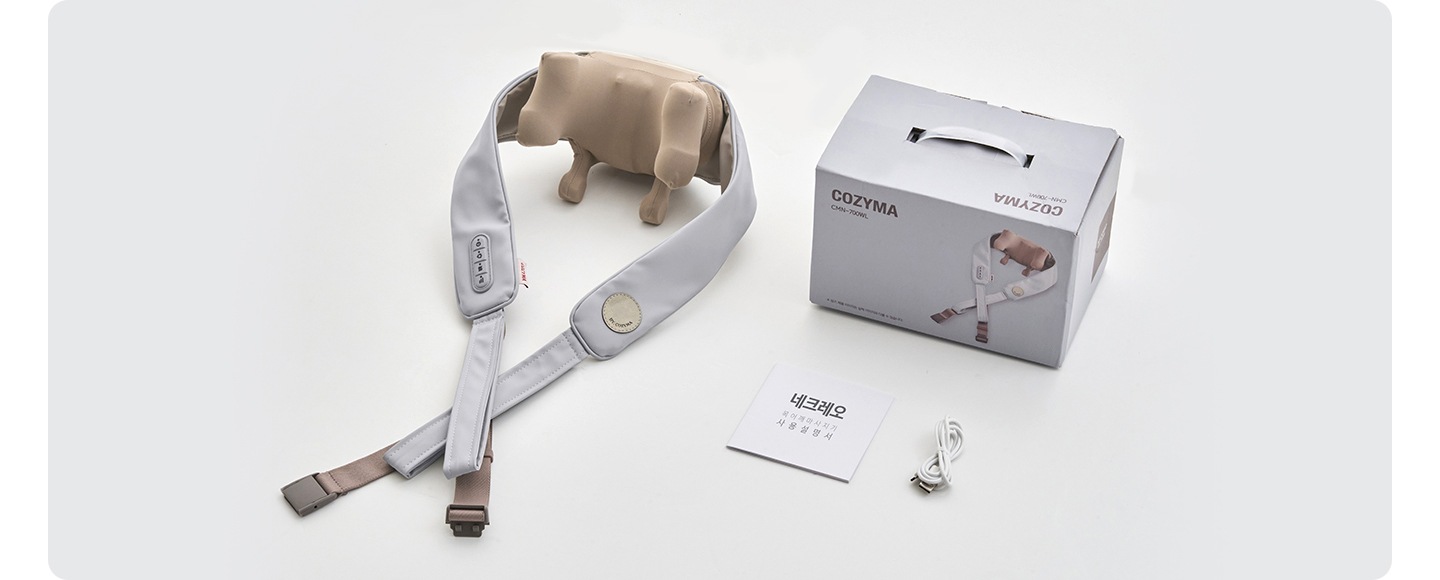 네크레오 목어깨 마사지기 제품 구성품 이미지 입니다. 네크레오 목어깨 마사지기 본체와 박스, 사용설명서, C-TYPE 선이 나와있습니다.