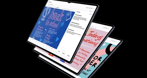 3대의 갤럭시 탭 S10 시리즈 기기를 가로 모드로 겹쳐 놓은 정면 모습입니다. 화면에 노트 어시스트 앱이 표시되어 있습니다.