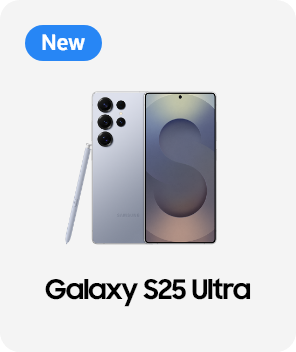 왼쪽 상단에 new 태그가 있으며, Galaxy S25 Ultra 제품의 앞뒷면과 펜슬이 보이는 이미지