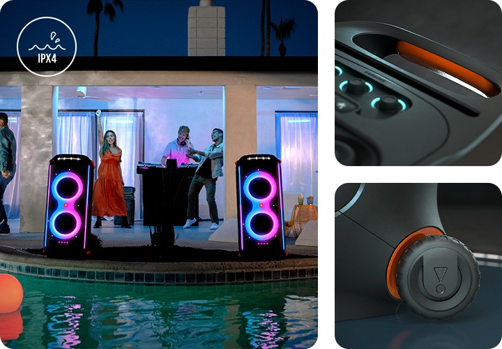 여러명의 남녀 사용자들이 춤을 추고 있고 파티박스 710 2가지 제품이 놓여있습니다. 우측에는 제품의 손잡이 부분과 휠 부분이 확대되어 보이고 있습니다.