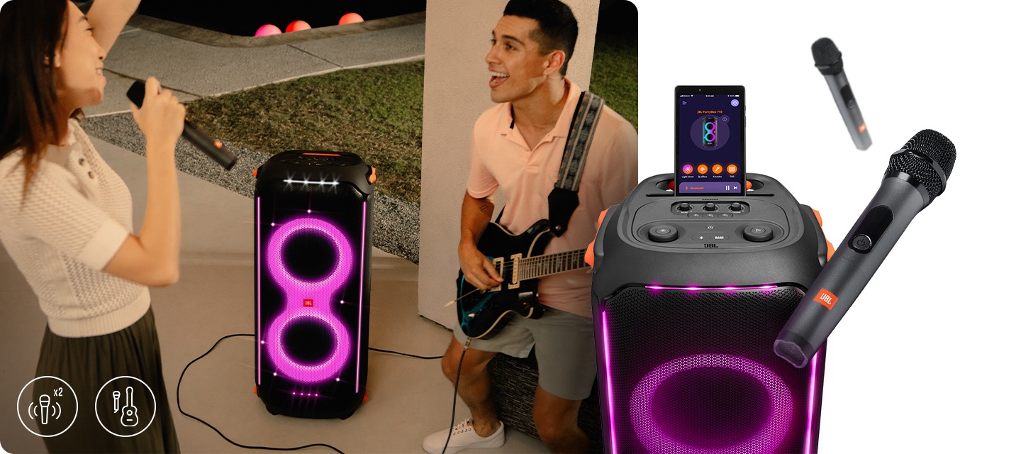 여성 사용자가 마이크를 들고 노래를 하고 있고, 남성 사용자는 기타를 들고 있습니다. 좌측 하단에는 2개 마이크 , 기타 아이콘이 있고, 우측에는 파티박스 710 에 태블릿이 연결된 이미지 및 마이크 2가지 이미지가 있습니다.