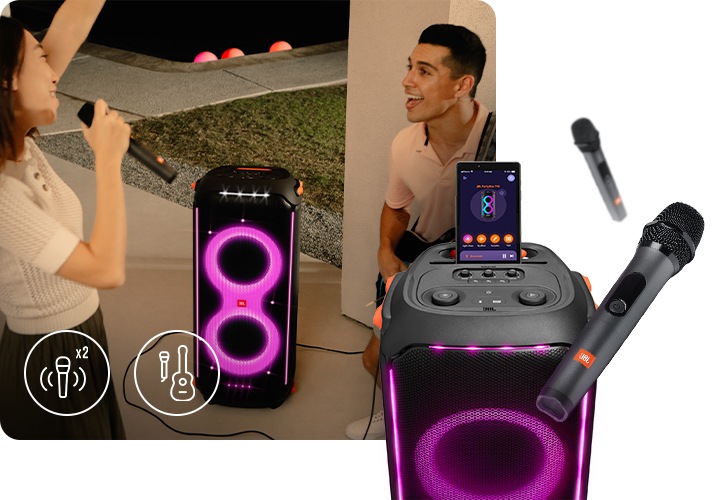 여성 사용자가 마이크를 들고 노래를 하고 있고, 남성 사용자는 기타를 들고 있습니다. 좌측 하단에는 2개 마이크 , 기타 아이콘이 있고, 우측에는 파티박스 710 에 태블릿이 연결된 이미지 및 마이크 2가지 이미지가 있습니다.