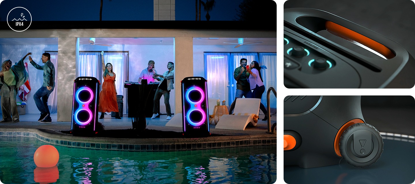 여러명의 남녀 사용자들이 춤을 추고 있고 파티박스 710 2가지 제품이 놓여있습니다. 우측에는 제품의 손잡이 부분과 휠 부분이 확대되어 보이고 있습니다.