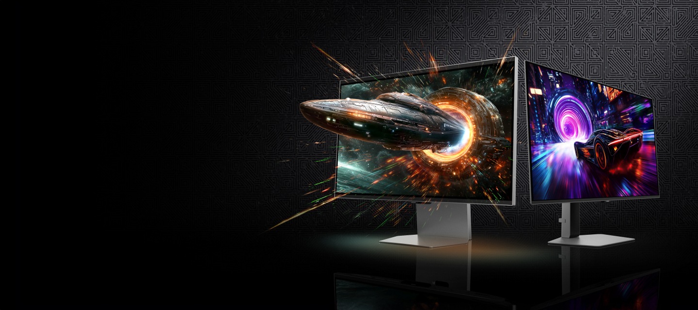 검은색 배경에 Odyssey 3D와 Odyssey OLED G8 모니터 속에서 생동감 있는 화면이 구현되고 있는