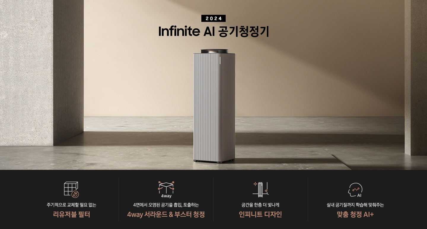 베이지 톤의 넓은 공간이 보입니다. 대리석 바닥 좌우로 기둥이 있고 그 가운에 BESPOKE 큐브™ Air Infinite Line 100㎡이 서 있습니다. 공기청정기 위로는 2024 BESPOKE 큐브™ Air Infinite Line이라는 문구가 적혀 있습니다.하단 제품 특장점에는 사각 박스 모양의 인피니트 필터에 교체가 필요 없다는 표시의 아이콘이 그려져 있고 주기적으로 교체할 필요 없는 인피니트 라인 필터 라는 문구가 적혀 있습니다.  두 번째에는 사각의 공기청정기 사면으로 공기가 토출되는 모습의 화살표 아이콘과 함께 4way, 4면에서 오염된 공기를 흡입, 토출하는 4way 서라운드 & 부스터 청정이라는 문구가 적혀 있습니다. 세 번째로는 BESPOKE 큐브™ Air Infinite Line 아이콘이 반짝이는 효과를 준 아이콘과 함께 공간을 한층 더 빛나게 인피니트 디자인이라는 문구가 적혀 있습니다. 네 번째로는 사람의 옆모습 실루엣 안에 그래프가 그려져 있고 AI라고 적힌 아이콘과 함께 실내 공기질까지 학습해 맞춰주는 맞춤 청정 AI +라는 문구가 적혀 있습니다.