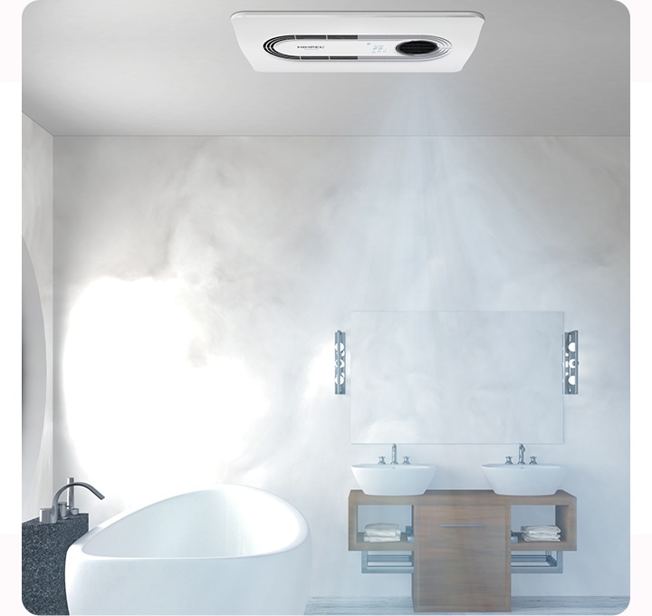 욕실의 천장에 설치된 휴젠뜨2 IoT 복합 환풍기를 통해 환기가 이루어지고 있는 모습입니다.