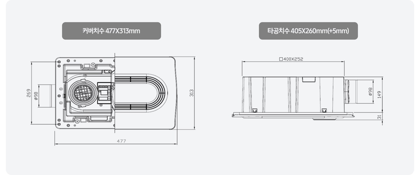 제품의 설계도를 통해 정면과 측면의 사이즈를 상세하게 표기하여 안내하는 이미지입니다.