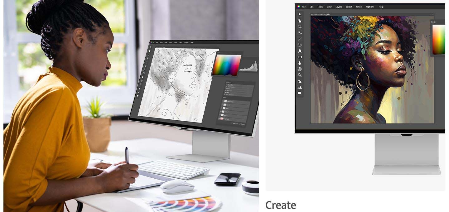 왼쪽 : 여성이 모니터를 보며 스케치를 하고 있습니다. 오른쪽 : 모니터가 70 % 정도 보이며, 화면에는 여성의 오른쪽 얼굴이 보이며 얼굴과 머리에는 여러 가지 색이 칠해져 있습니다. 모니터 왼쪽 아래 Create라고 문구가 기재되어 있습니다.