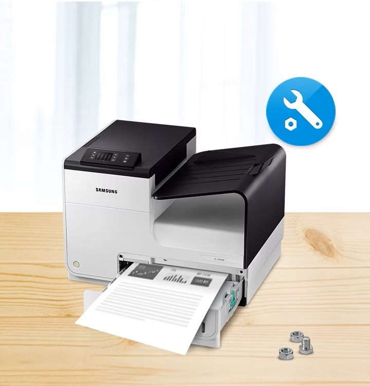 삼성 정품 잉크를 사용했을 때만 이용가능한 정식 A/S를 보여주는 컷으로서, 가운데에 삼성 프린터가 있고 우측 상단에 A/S를 의미하는 로고가 있습니다.