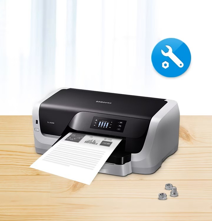 삼성 정품 잉크를 사용했을 때만 이용가능한 정식 A/S를 보여주는 컷으로서, 가운데에 삼성 프린터가 있고 우측 상단에 A/S를 의미하는 로고가 있습니다.