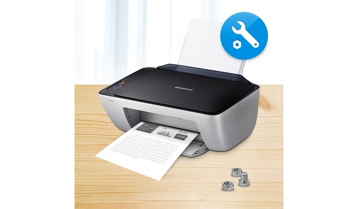 삼성 정품 잉크를 사용했을 때만 이용가능한 정식 A/S를 보여주는 컷으로서, 가운데에 삼성 프린터가 있고 우측 상단에 A/S를 의미하는 로고가 있습니다.