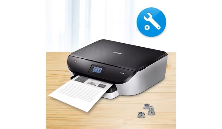 삼성 정품 잉크를 사용했을 때만 이용가능한 정식 A/S를 보여주는 컷으로서, 가운데에 삼성 프린터가 있고 우측 상단에 A/S를 의미하는 로고가 있습니다.