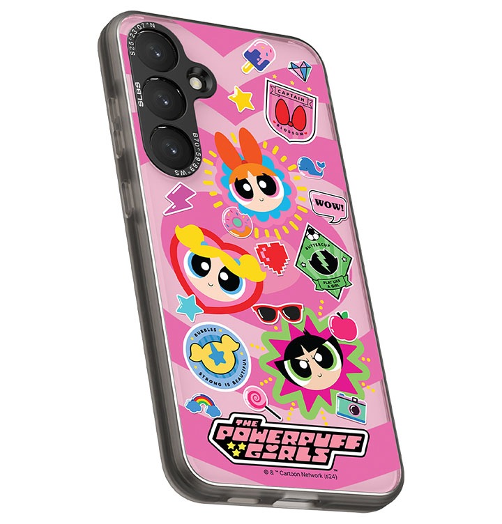 갤럭시 S24+ 파워퍼프걸 임프레션 케이스를 장착 후 오른쪽 윗부분이 뒤로 10도 기울어진 정면 이미지가 이미지 중앙에 보이고 있습니다.