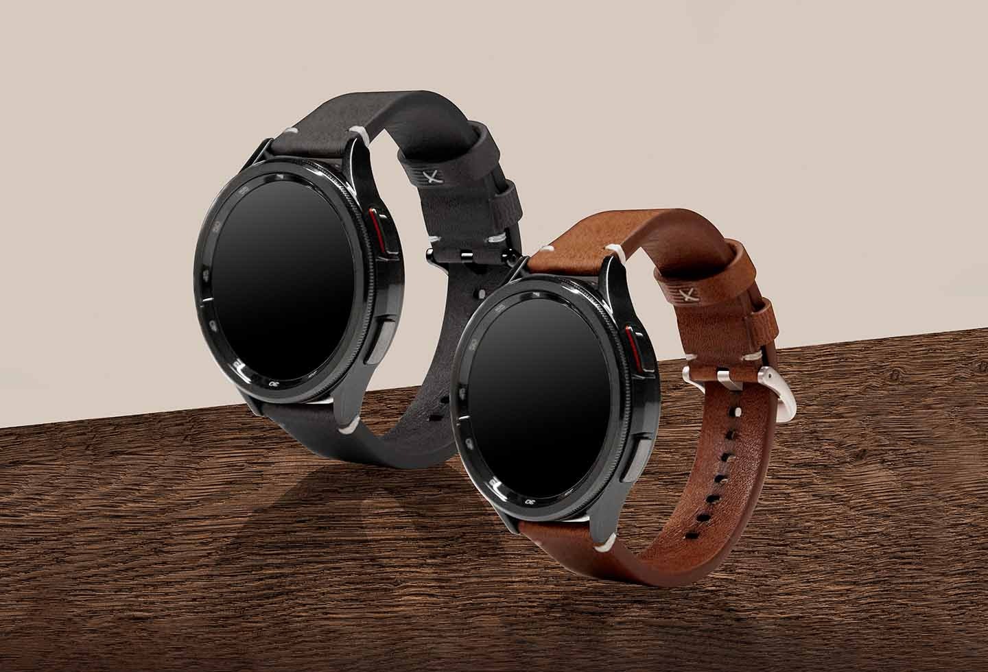 갤럭시 워치 브랄로바 스트랩 (와이드) 다크 브라운과 블랙이 동그랗게 말려 나열해있는 이미지