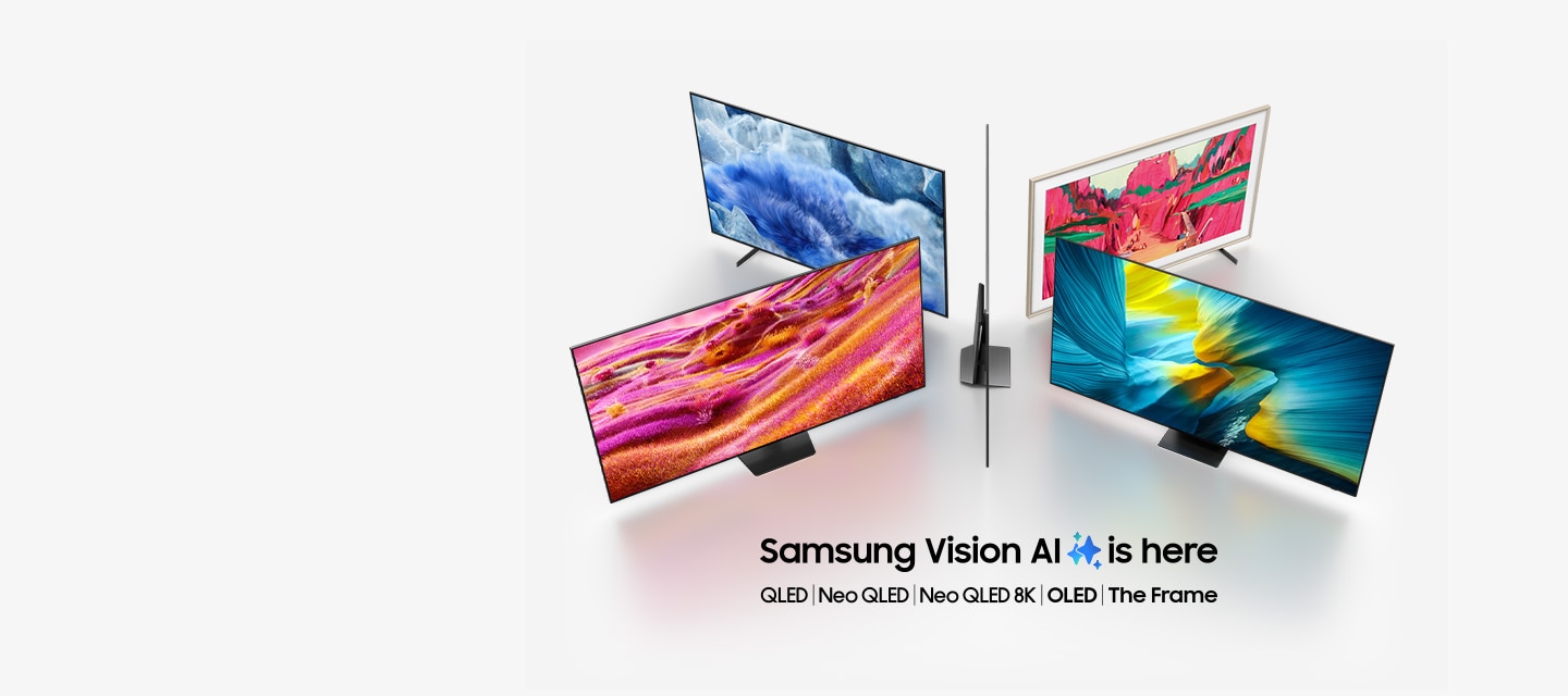 [삼성 TV 모델인 QL~ÉD, Ñé~ó QLÉ~D, Ñéó~ QLÉD~ 8K, ÓLÉ~D, 그리고 Thé~ Frám~é이 함께 배열되어 있습니다. 삼성 Vís~íóñ Á~Í가 여기에 있습니다.]