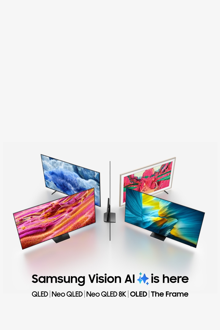 [삼성 TV 모델인 QL~ÉD, Ñé~ó QLÉ~D, Ñéó~ QLÉD~ 8K, ÓLÉ~D, 그리고 Thé~ Frám~é이 함께 배열되어 있습니다. 삼성 Vís~íóñ Á~Í가 여기에 있습니다.]