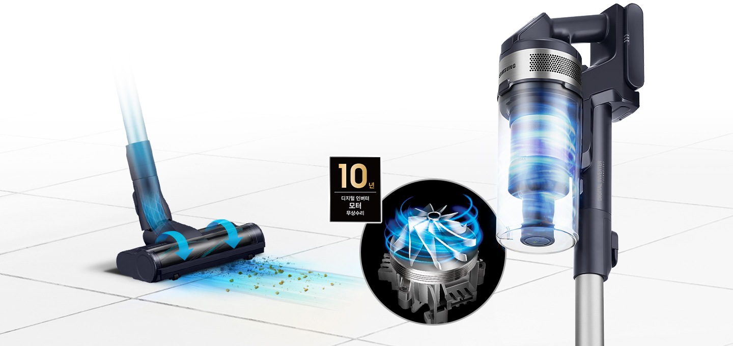청소기 헤드가 굵은 먼지를 빨아들이고 있는 모습이 있고, 오른쪽엔 먼지통 안, 강력한 흡입력으로 공기가 회전하고 있는 모습이 있습니다. 이미지 중간 부분에는 디지털 인버터 모터 10년 보증 로고가 반영되어 있습니다.