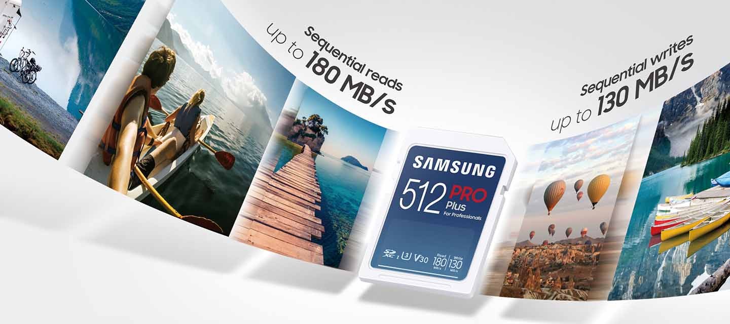 약간 회색빛이 도는 배경에 호숫가의 이미지, 강에서 보트를 타고 있는 사람의 이미지 얕은 바다에 설치된 나무다리의 이미지, SD 메모리카드 PRO Plus 512 GB의 정면 이미지, 열기구의 이미지, 넓은 호수에 여러 색상의 배가 떠있는 이미지가 왼쪽에서 오른쪽으로 둥글게 말리듯 나열되어 있습니다. 둥글게 말리듯 나열된 이미지 상단 부분에는 SD 메모리카드 PRO Plus 512 GB의 정면 이미지를 기준으로 왼쪽 부분에는 Sequential reads up to 180 MB/s 텍스트가 쓰여 있고 오른쪽 부분에는 Sequential writes up to 130 MB/s 텍스트가 쓰여 있습니다.