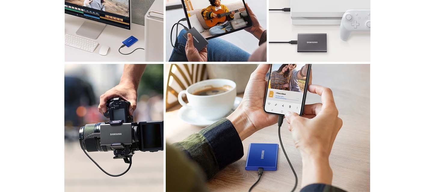 가지의 이미지가 왼쪽에서 오른쪽, 2열로 나열되어 있습니다.&nbsp;첫 번째 줄&nbsp;첫 번째&nbsp;이미지는 하얀 책상 위에 외장 SSD를 케이블로 컴퓨터 본체와 연결한 이미지를 위에서 내려보고 있는 이미지이며&nbsp;두 번째&nbsp;이미지는 외장 SSD를 케이블로 태블릿과 연결하여 손에 들고 영상을 시청하고 있는&nbsp;이미지입니다.&nbsp;세 번째&nbsp;이미지는 외장 SSD를 케이블로 게임 콘솔에 연결한 이미지가 보이고 있습니다.&nbsp;두 번째 줄&nbsp;첫 번째&nbsp;이미지는 뿌옇게 보이는 거리를 배경으로 외장 SSD를 케이블로 카메라에 연결하여&nbsp;한 손으로&nbsp;들고 있는 이미지이며&nbsp;두 번째&nbsp;이미지는 카페에서 외장 SSD를 케이블로&nbsp;스마트폰과&nbsp;연결하여 사용하고 있는&nbsp;이미지입니다.