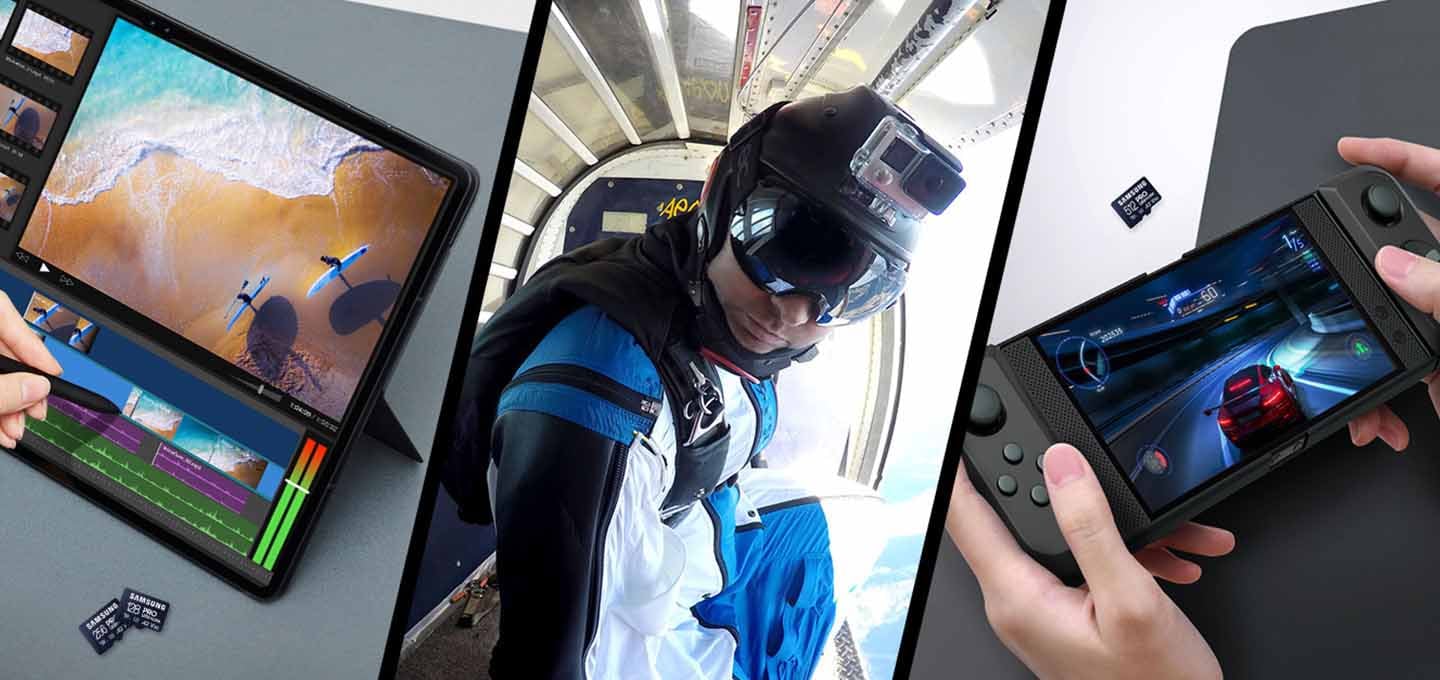 왼쪽부터 첫번째 이미지는 S펜을 사용하여 영상을 편집하는 태블릿 옆에 메모리카드 PRO Ultimate 256 GB, 128 GB 제품 이미지를 나열한 이미지이며, 두번째는 스카이다이빙을 하려는 남성의 헬멧 위에 카메라가 달려있는 이미지이고, 세번째는 게임기로 스포츠카 게임을 하는 사람의 손 부분의 이미지위에 메모리카드 PRO Ultimate 512 GB 제품 정면 이미지가 있는 이미지 입니다.