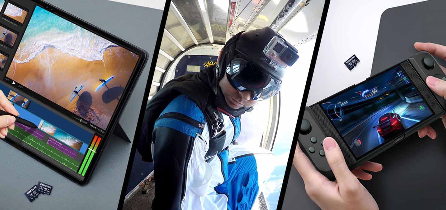 왼쪽부터 첫번째 이미지는 S펜을 사용하여 영상을 편집하는 태블릿 옆에 메모리카드 PRO Ultimate 256 GB, 128 GB 제품 이미지를 나열한 이미지이며, 두번째는 스카이다이빙을 하려는 남성의 헬멧 위에 카메라가 달려있는 이미지이고, 세번째는 게임기로 스포츠카 게임을 하는 사람의 손 부분의 이미지위에 메모리카드 PRO Ultimate 512 GB 제품 정면 이미지가 있는 이미지 입니다.