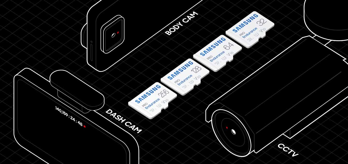 검정색상에 배경에 하얀색 선으로만 그려진 카메라 이미지가 나열해 있습니다. 이미지 왼쪽 하단에는 DASH CAM텍스트와 이미지가 그려져 있고, 이미지 오른쪽 하단에는 CCTV 이미지와 CCTV 텍스트가 있으며, 왼쪽 윗부분은 BODY CAM 텍스트와 이미지가 그려져 있습니다. 이미지 중간에는 마이크로SD 메모리카드 PRO Endurance의 정면 이미지가 왼쪽에서 오른쪽으로 256 GB, 128 GB, 64 GB, 32 GB 가 나열하여 있습니다. 
