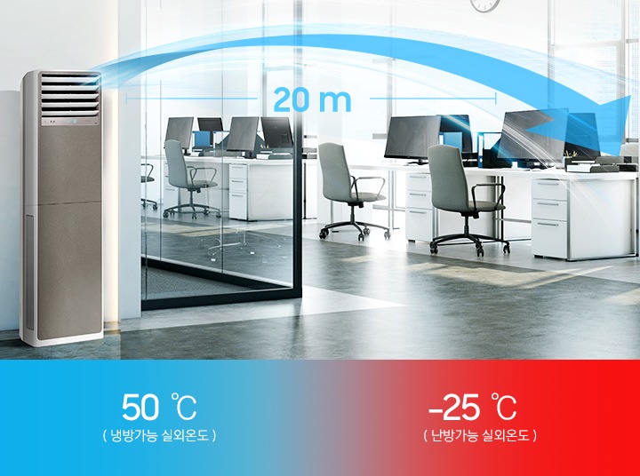 사무실로 보여지는 공간에 흰책상에 컴퓨터가 전부 놓여져 있으며 총 8개의 책상과 의자가 보여집니다. 복도쪽에 상업용 중대형 냉난방 에어컨이 작동중이며 에어컨에서 20m 까지 바람이 가는듯한 형상과 문구가 보여집니다. 하단 좌측엔 파란색으로 50도 냉방기능 실외 온도 , 우측엔 -25도 난방기능 실외 온도 문구가 함께 보여집니다. 