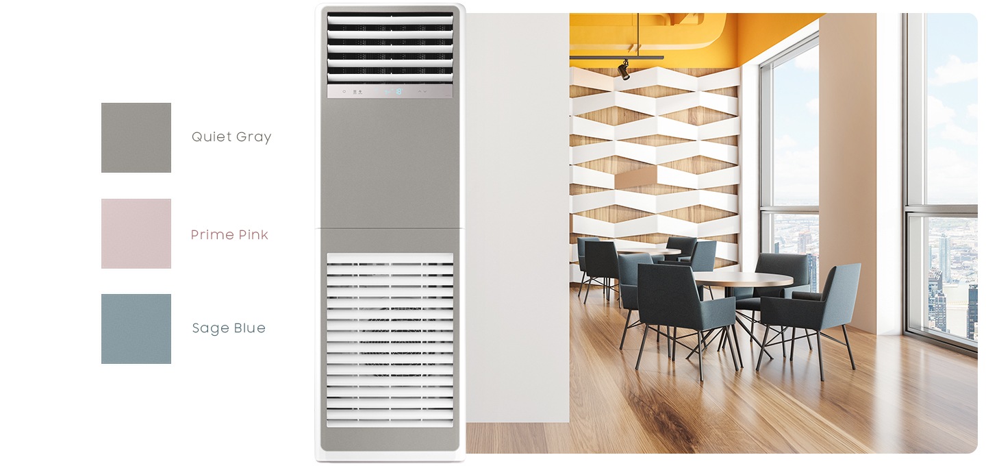 우측엔 고층에 위치한 레스토랑 처럼 보여지는 공간에 우측벽변엔 통창이 보여지고 통창 밖으로는 조그만하게 아래 건물들이 보여집니다. 창 앞에는 원형모양의 식탁이 2개 있으며 각 테이블당 일인용 의자가 4개씩 있습니다. 가운데는 상업용 중대형 냉난방에어컨이 보여집니다. 좌측엔 에어컨의 컬러로 보여지는 사각형 3개가 있으며, 맨 위부터 quiet gray, prime ponk, sage blue 문구와 함께 컬러도 함께 보여집니다. 