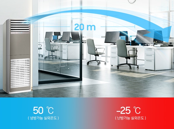 사무실로 보여지는 공간에 흰책상에 컴퓨터가 전부 놓여져 있으며 총 8개의 책상과 의자가 보여집니다. 복도쪽에 상업용 중대형 냉난방 에어컨이 작동중이며 에어컨에서 20m 까지 바람이 가는듯한 형상과 문구가 보여집니다. 하단 좌측엔 파란색으로 50도 냉방기능 실외 온도 , 우측엔 -25도 난방기능 실외 온도 문구가 함께 보여집니다. 